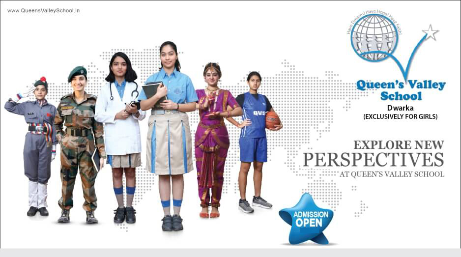 Students of Queen's Valley School in the uniforms of an officer, a soldier, a doctor, a scholar, a dancer and an athlete, under the line Explore New Perspectives.