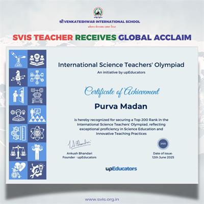 Proud Achievement - Middle Wing facilitator, Ms Purva, receives global acclaim!