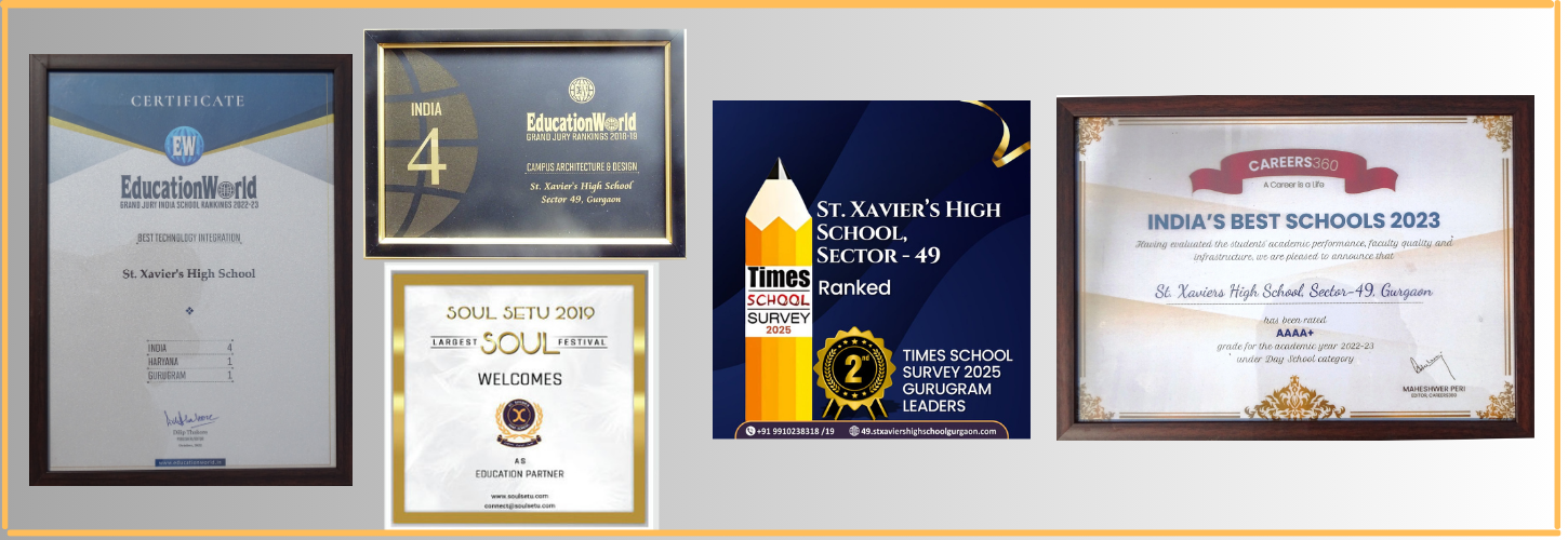 Collage of awards celebrating a top CBSE school in Gurugram.