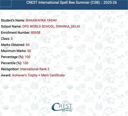 Shaashvika Yadav Secures International Rank 2 in CREST Spelling Olympiad
